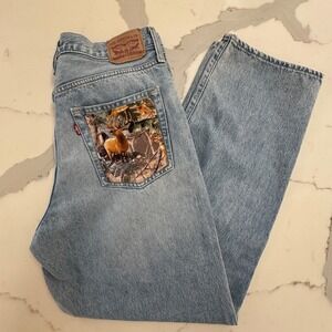 Levi's 94 Baggy Jeans Sz 30 Light Wash Custom Patchwork Camo Elk Pockets Unique